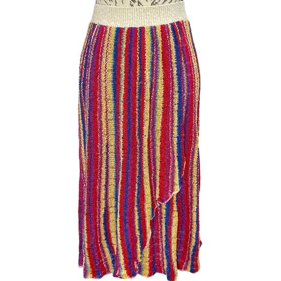 Vintage 80’s French Rags Hand Loomed Rayon Rainbow Striped Faux Wrap Midi Skirt - Picture 1 of 12